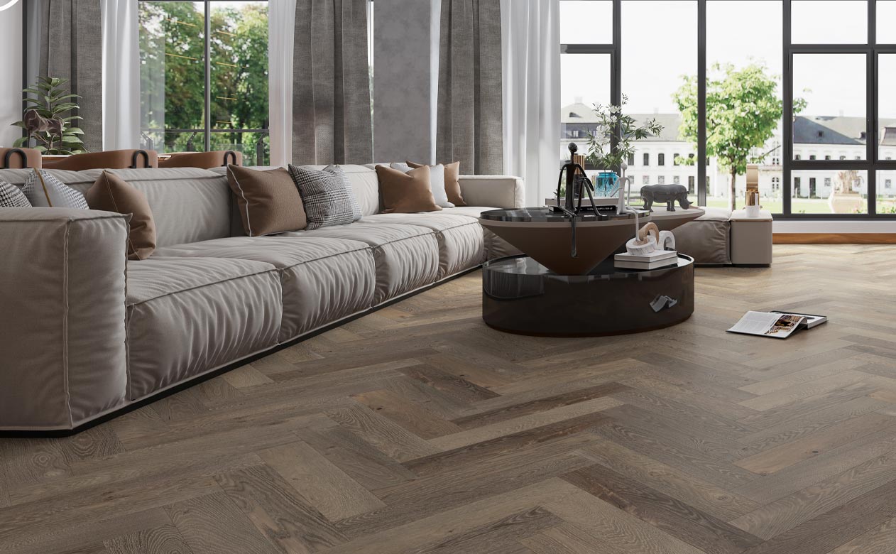 herringbone hardwood flooring in living room with contemporary decor