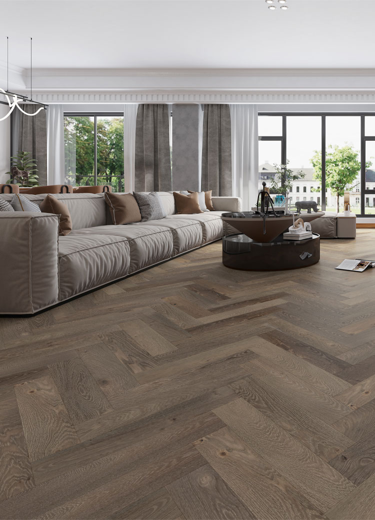 herringbone hardwood flooring in living room with contemporary decor
