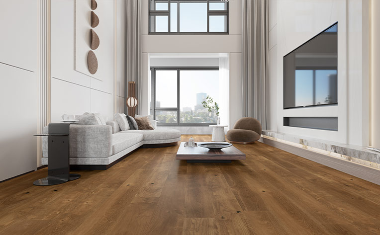 warm toned hardwood flooring in living room